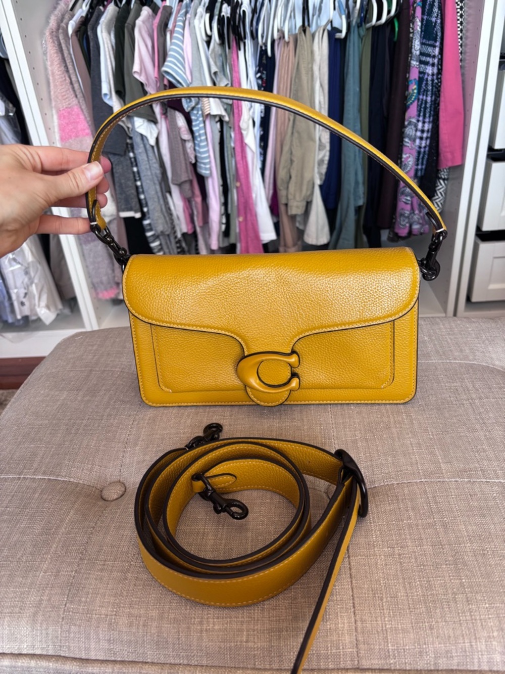 Coach Mustard Yellow Pebbled Leather Shoulder Bag with Signature C